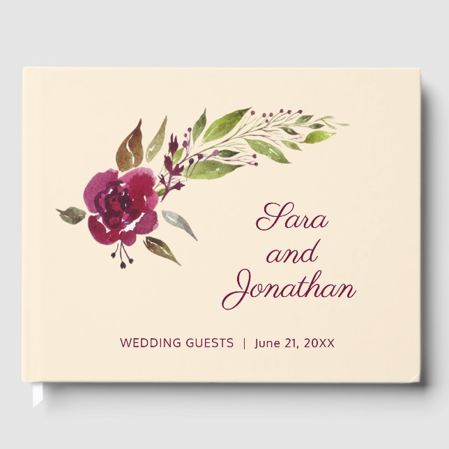 Burgundy Marsala Floral and Greenery Wedding Guest Book (Front)