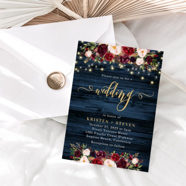 Burgundy Marsala Floral and Navy Blue Wedding Invi Invitation (Creator Uploaded)