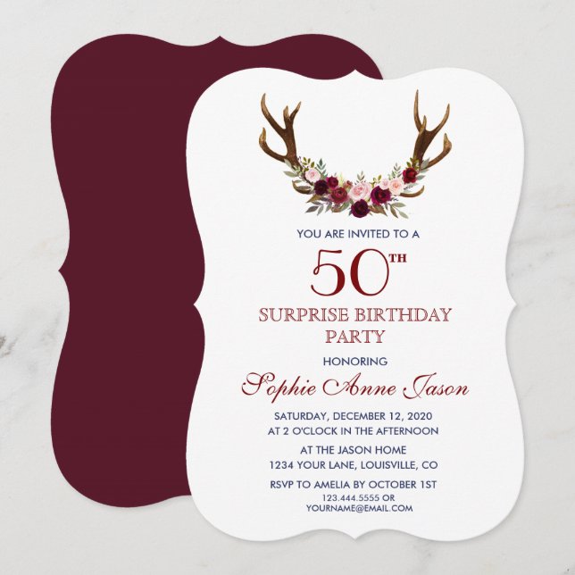 Burgundy Marsala Floral Antlers 50th Birthday Invitation (Front/Back)