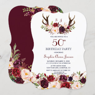 Burgundy Marsala Floral Antlers 50th Birthday Invitation