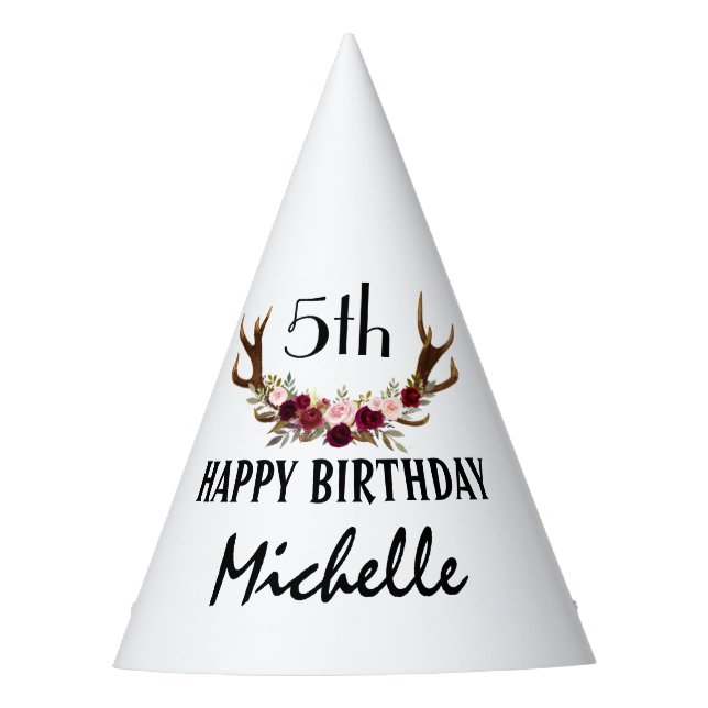 Burgundy Marsala Floral Antlers 5th Birthday Party Party Hat (Front)