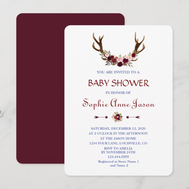 Burgundy Marsala Floral Antlers Baby Shower Invitation (Front/Back)