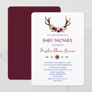 Burgundy Marsala Floral Antlers Baby Shower Invitation
