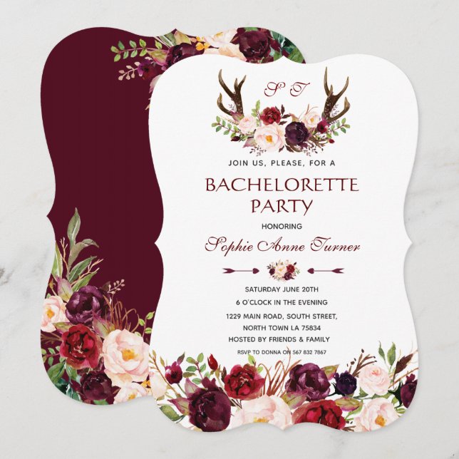 Burgundy Marsala Floral Antlers Bachelorette Party Invitation (Front/Back)