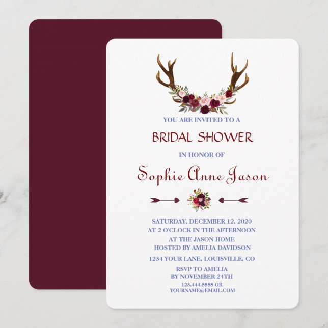 Burgundy Marsala Floral Antlers Bridal Shower Invitation (Front/Back)