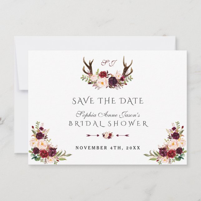 Burgundy Marsala Floral Antlers Bridal Shower Save The Date (Front)
