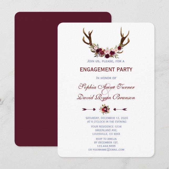 Burgundy Marsala Floral Antlers Engagement Party Invitation (Front/Back)