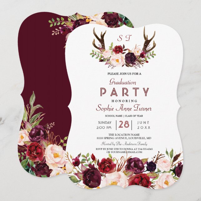 Burgundy Marsala Floral Antlers Graduation Party Invitation (Front/Back)