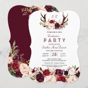Burgundy Marsala Floral Antlers Graduation Party Invitation