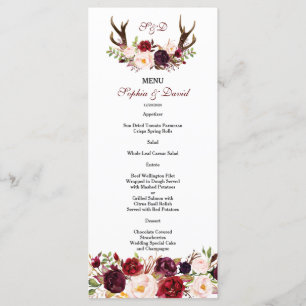 Burgundy Marsala Floral Antlers Monogram Menu