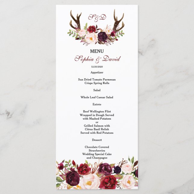 Burgundy Marsala Floral Antlers Monogram Menu (Front)