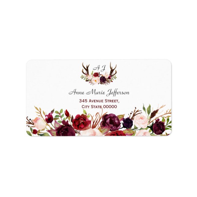 Burgundy Marsala Floral Antlers Monogram Wedding Label (Front)
