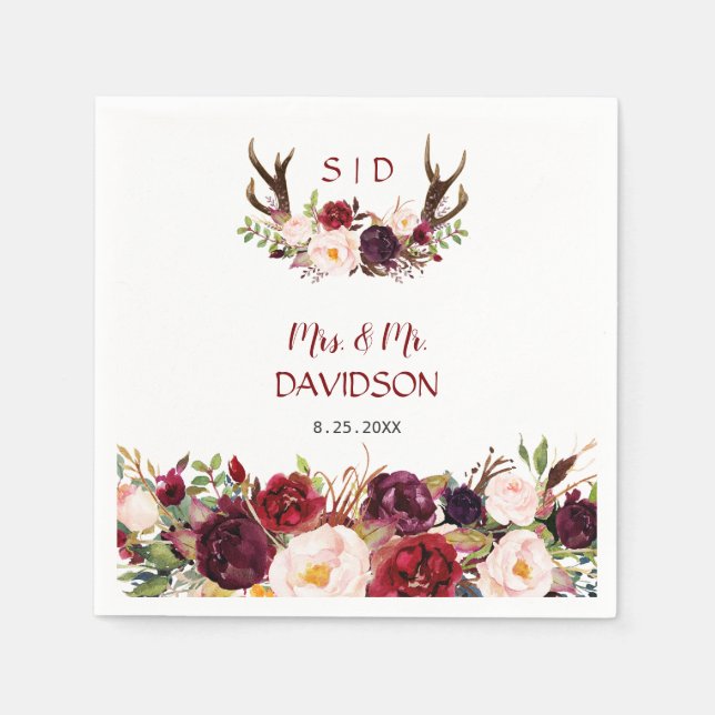 Burgundy Marsala Floral Antlers Monogram Wedding Napkin (Front)