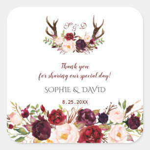 Burgundy Marsala Floral Antlers Monogram Wedding Square Sticker