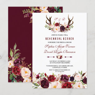 Burgundy Marsala Floral Antlers Rehearsal Dinner Invitation