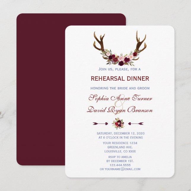 Burgundy Marsala Floral Antlers Rehearsal Dinner Invitation (Front/Back)