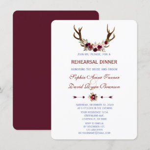 Burgundy Marsala Floral Antlers Rehearsal Dinner Invitation
