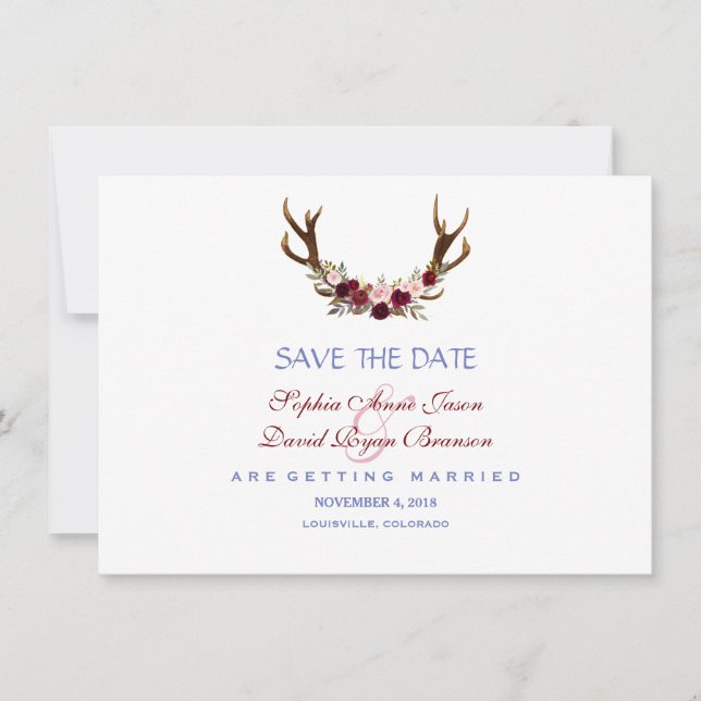 Burgundy Marsala Floral Antlers Save The Date (Front)