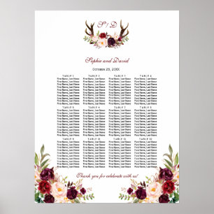Burgundy Marsala Floral Antlers Seating Chart
