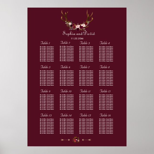 Burgundy Marsala Floral Antlers Seating Chart (Front)