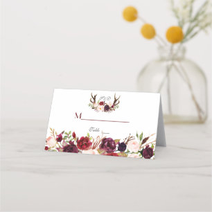 Burgundy Marsala Floral Antlers Table Number Place Card