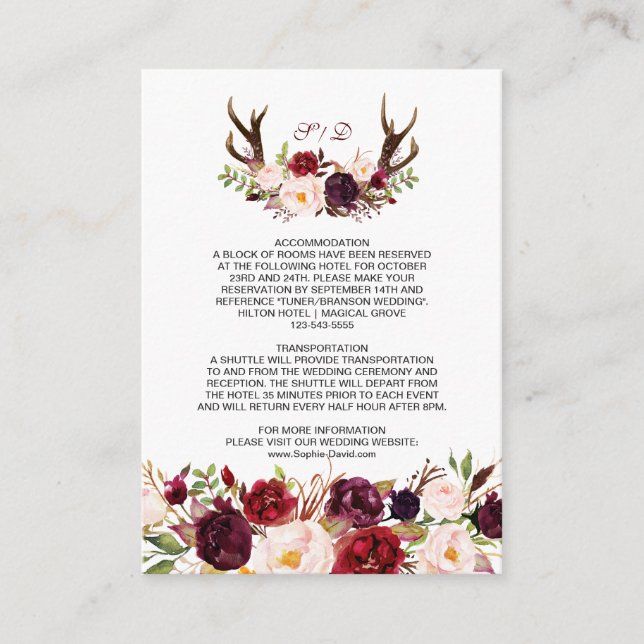 Burgundy Marsala Floral Antlers Wedding Details Enclosure Card (Front)