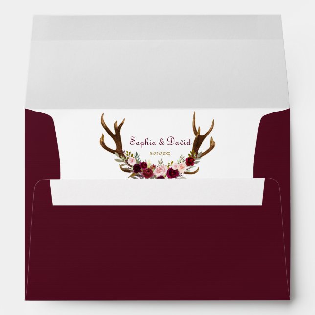 Burgundy Marsala Floral Antlers Wedding Envelopes (Back (Bottom))
