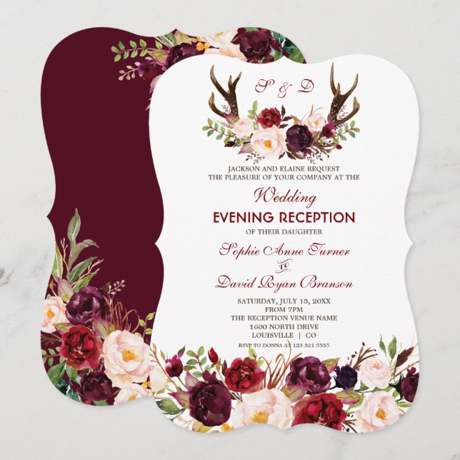 Burgundy Marsala Floral Antlers Wedding Evening Invitation (Front/Back)