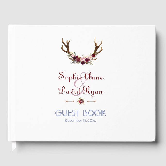 Burgundy Marsala Floral Antlers Wedding Guest Book (Front)
