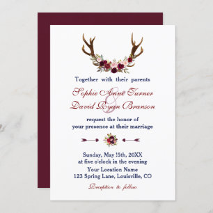 Burgundy Marsala Floral Antlers Wedding Invitation