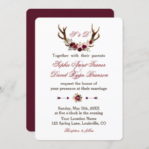 Burgundy Marsala Floral Antlers Wedding Monogram Invitation