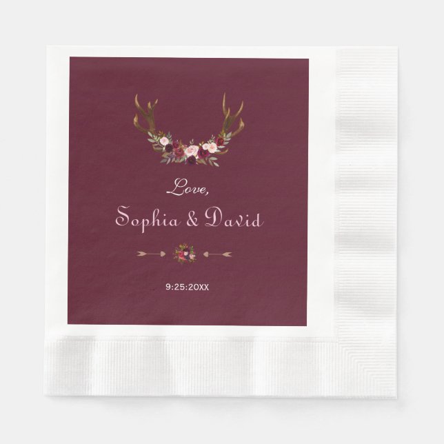 Burgundy Marsala Floral Antlers Wedding Napkin (Front)