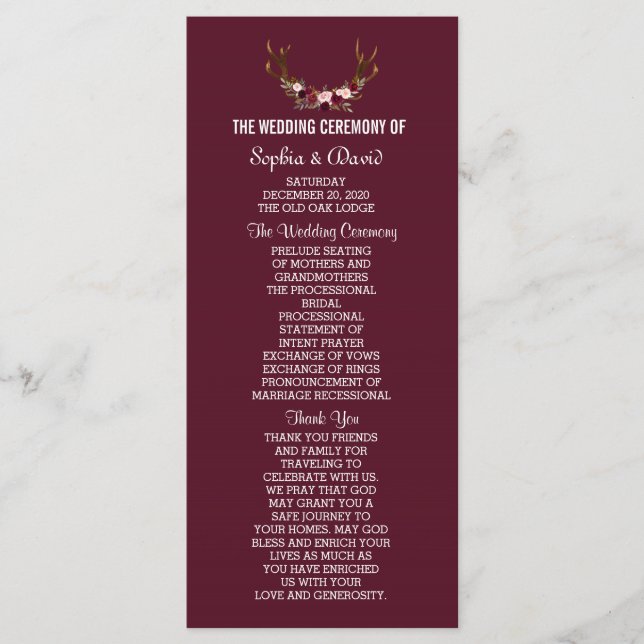 Burgundy Marsala Floral Antlers Wedding Programme (Front)