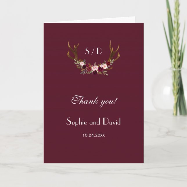 Burgundy Marsala Floral Antlers Wedding Thank you Card (Front)