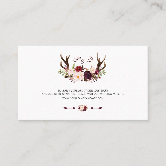 Burgundy Marsala Floral Antlers Wedding Website Business Card (Front)