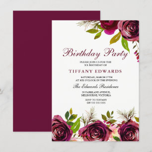 Burgundy Marsala Floral Birthday Party Invitation