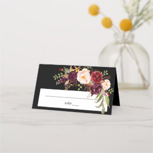 Burgundy Marsala Floral - Black Place Card