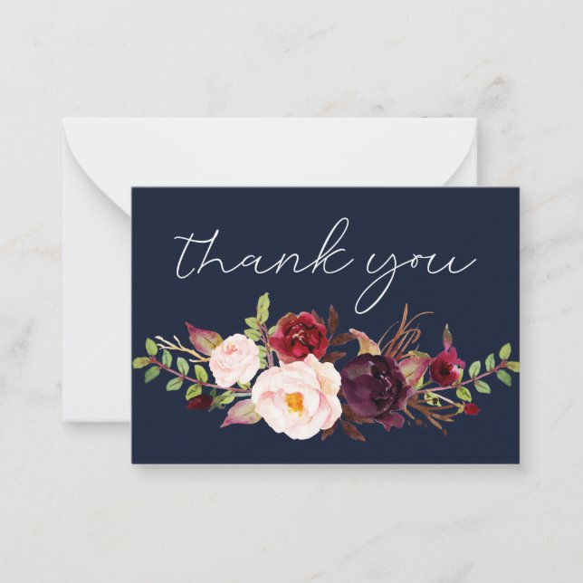 Burgundy Marsala Floral Black Small Navy Thank You Card (Front)