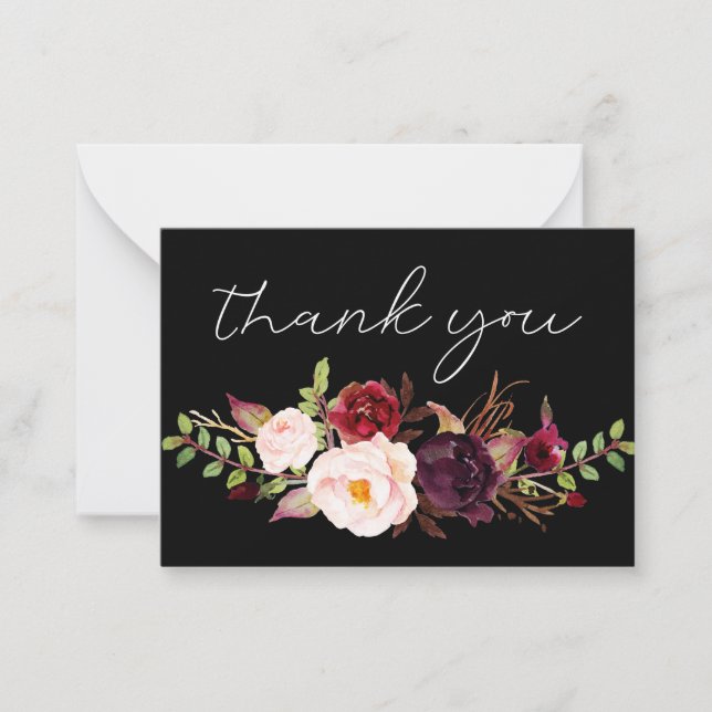 Burgundy Marsala Floral Black Small Thank You Card (Front)