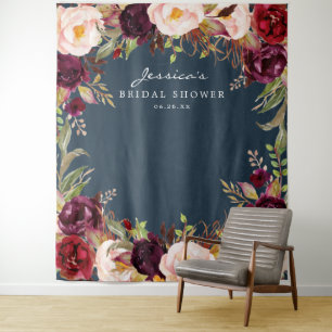 Burgundy Marsala Floral Bridal Shower Backdrop Tapestry