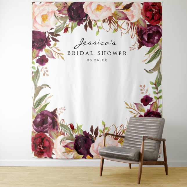 Burgundy Marsala Floral Bridal Shower Backdrop Tapestry (In Situ)