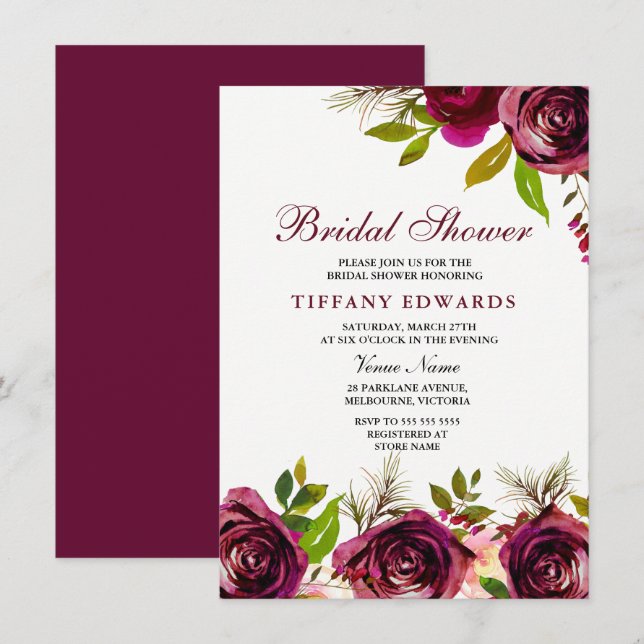Burgundy Marsala Floral Bridal Shower Invitation (Front/Back)
