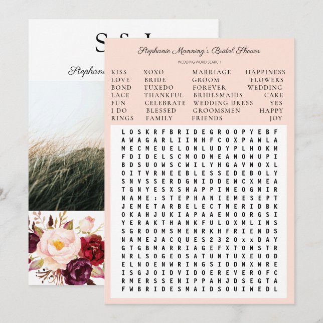 Burgundy Marsala Floral Bridal Shower Word Search Invitation (Front/Back)