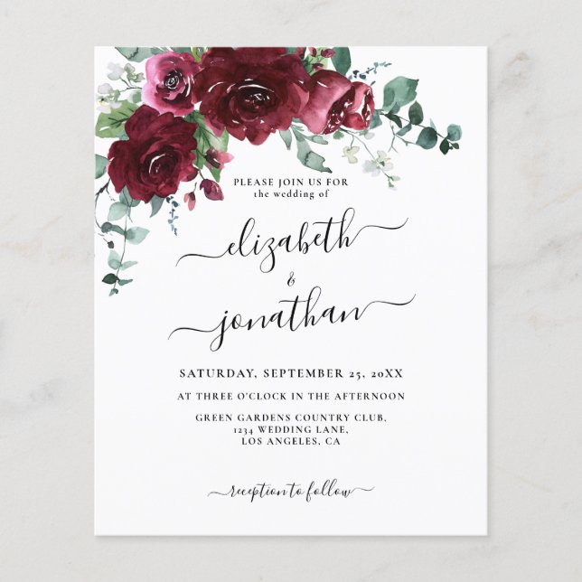 Burgundy Marsala Floral Budget Wedding Invitation (Front)