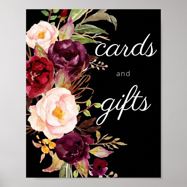 Burgundy Marsala Floral Cards & Gifts Sign Black (Front)