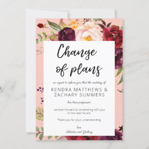Burgundy Marsala Floral Change of Plans - Pink 2 Invitation