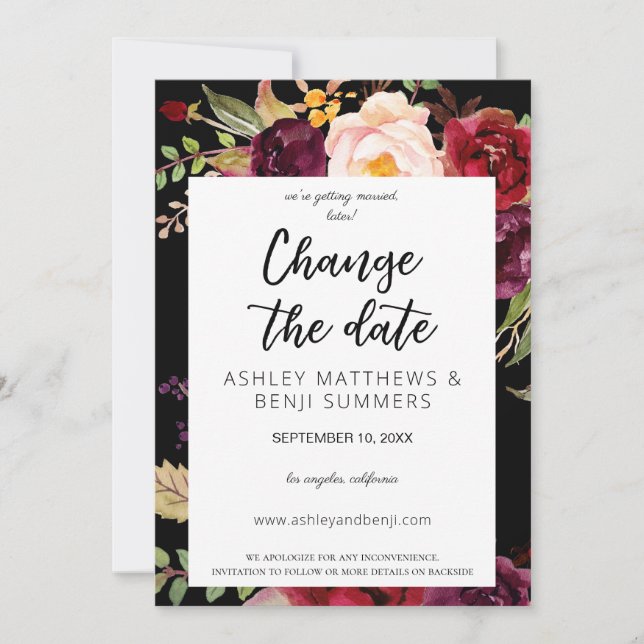 Burgundy Marsala Floral Change the Date Black V3 Invitation (Front)