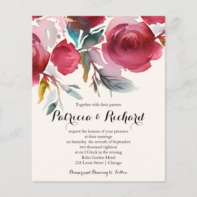 Burgundy Marsala Floral Cheap Wedding Invitation (Front)