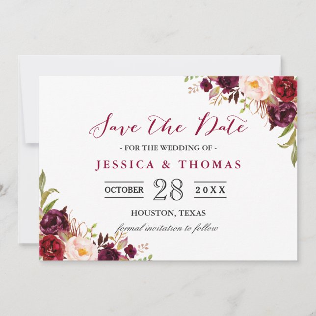 Burgundy Marsala Floral Chic Wedding Save the Date (Front)