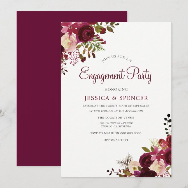 Burgundy Marsala Floral Engagement Party Invite (Front/Back)
